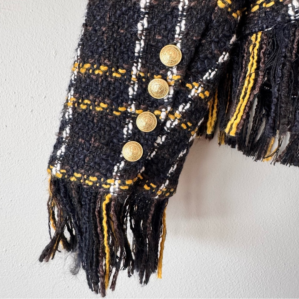L’AGENCE Belmont Fringe Tweed Jacket Black Yellow Plaid Gold Buttons NWT Size 8 - Picture 9 of 16